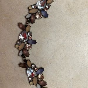 The Loft necklace with silver, fabric chain/pink, navy, tan, clear jewel stones